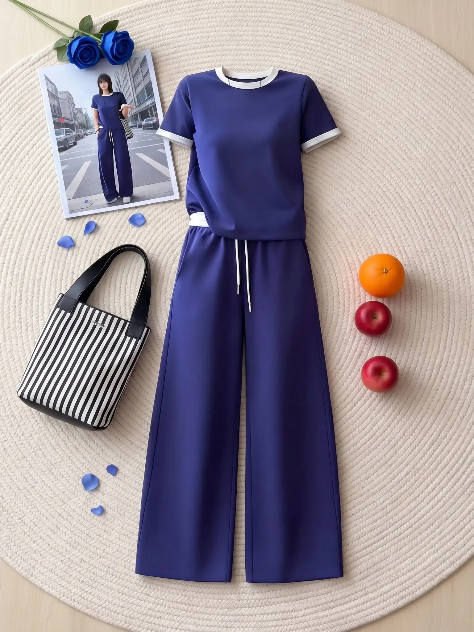 

Elegant Summer New Lazy Age-Defying Women's Casual Pants Set Fashionable Suite Breathable Lightweight round Neck T-Shirt