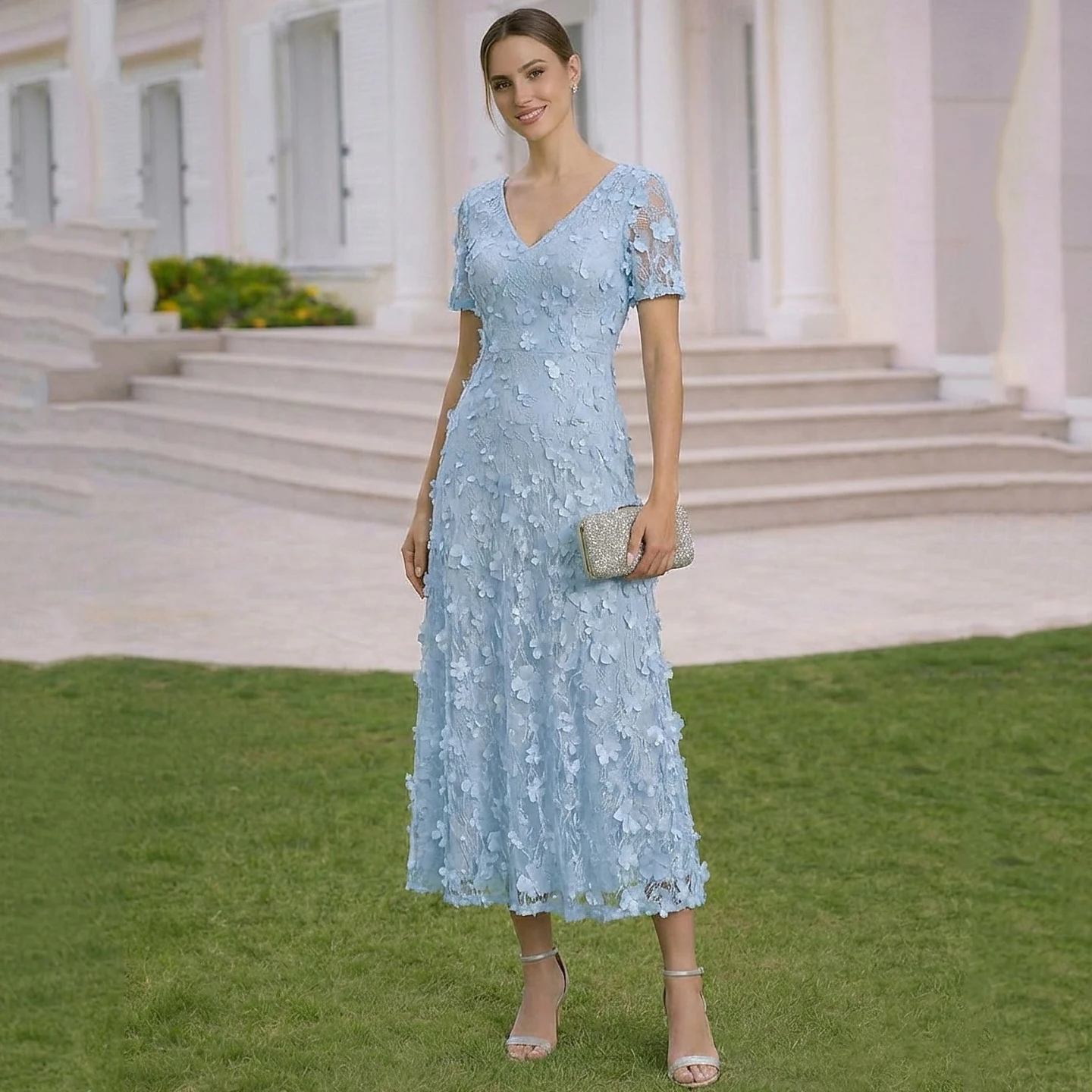 Customized Light Blue Women's Formal Evening Gowns Sequins. Short Sleeves Luxury Party Dresses for Special Occasions Events