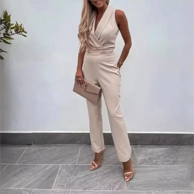 女性の夏のジャンプスーツ背中の開いた V ネック固体ジッパーオフショルダーノースリーブオーバーオールポケット付きカジュアルスリムロングロンパース女性
