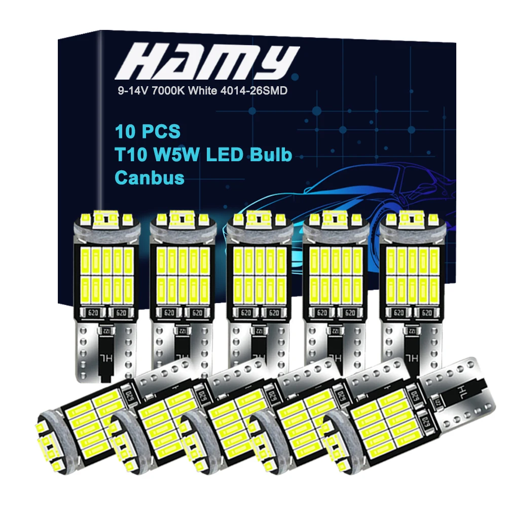 10 PCS T10 W5W LED Signal Bulbs Canbus 12V 4014 26SMD 7000K Car Interior Dome Reading Maps Trunk License Plate Wedge Side Lights