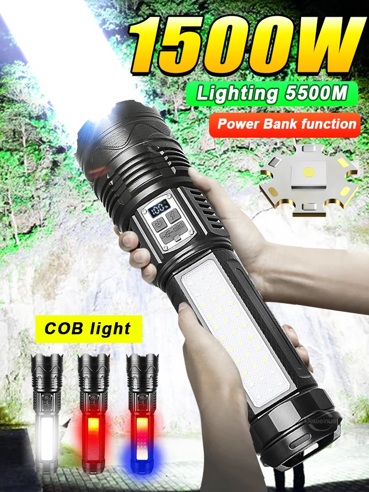 Super Bright Spotlight Long Range LED Flashlight With Side Light 1500W Rechargeable Lamp Tactical Torch Zoom Waterproof Lantern