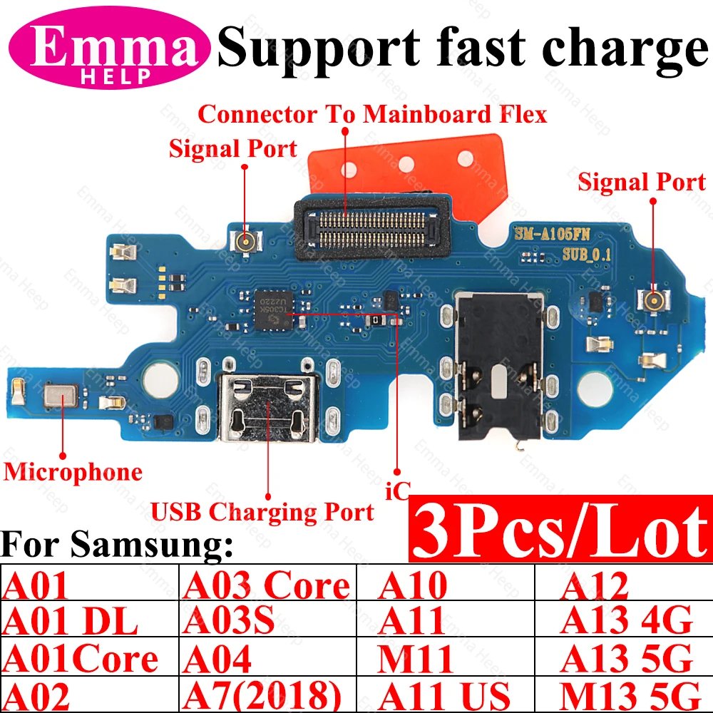 3Pcs USB Charge Board for Samsung Galaxy A01 A03 Core A02 A03 US A04 A10 A11 M11 US A12 A13 M13 Charging Port Board Flex Parts