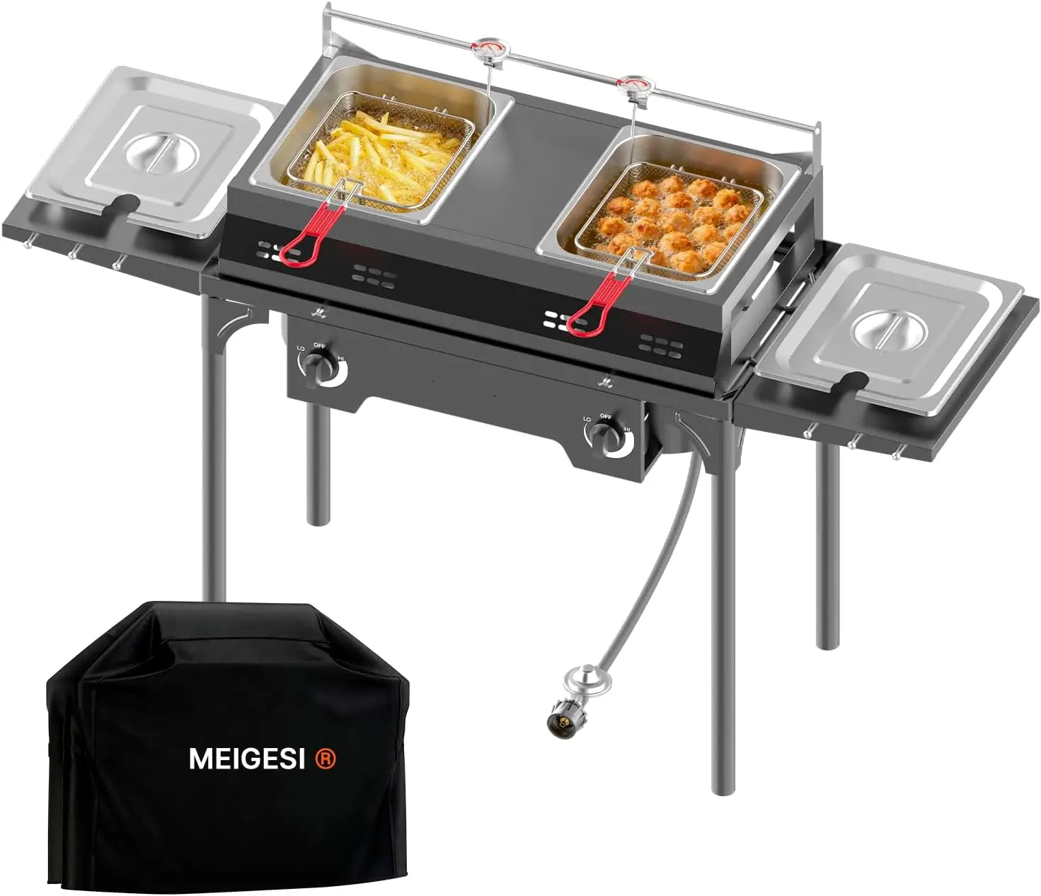 

Outdoor Propane Deep Fryer | 8QTx2 Dual Tank Stainless Steel Cooker with Cover Tongs Side Shelves Basket & Thermometer | 40000 B