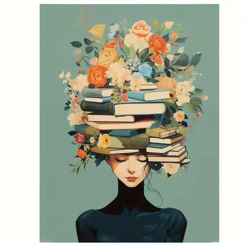 2D 1pc Inspirational Floral Crown Reader Canvas Wall Art Painting, Unframed Vintage Poster, Waterproof Soft Canvas, Ideal