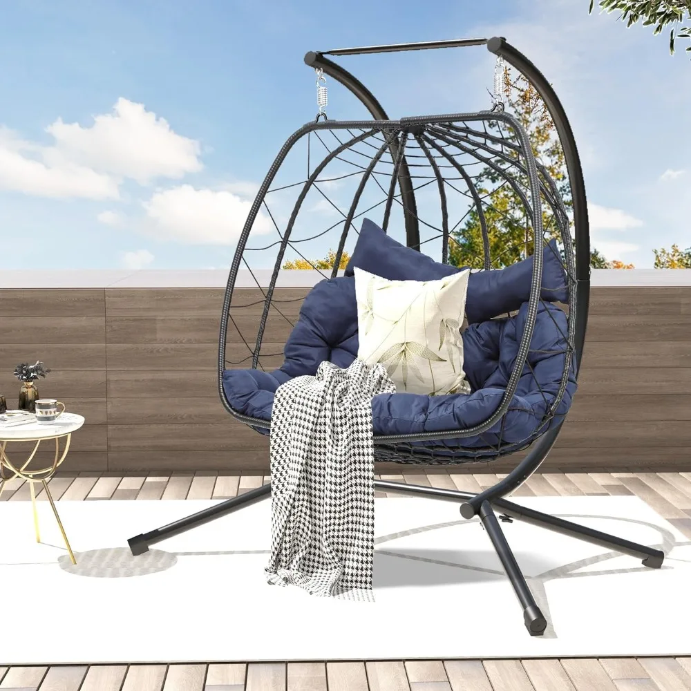 

Hanging Swing Chair with Stand Egg Chair Wicker Indoor Outdoor Hammock with Cushions 500lbs for Patio, Garden and Balcony, Blue