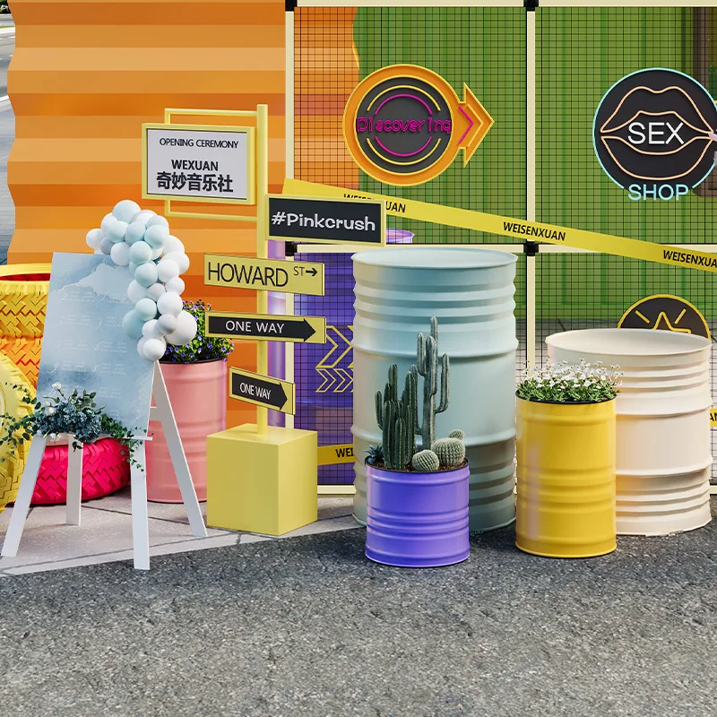 Outdoor industrial wind oil bucket flower box commercial exhibition exterior display music bar dopamine green plant box customiz
