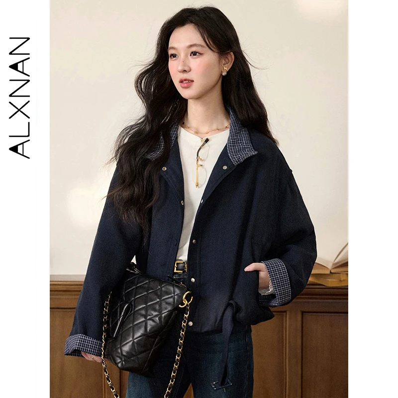 

ALXNAN темно-синяя куртка, осенняя клетчатая лоскутная куртка с воротником с лацканами и прикрытыми пуговицами, пальто с поясом, новая свободная верхняя одежда для поездок на работу L58666
