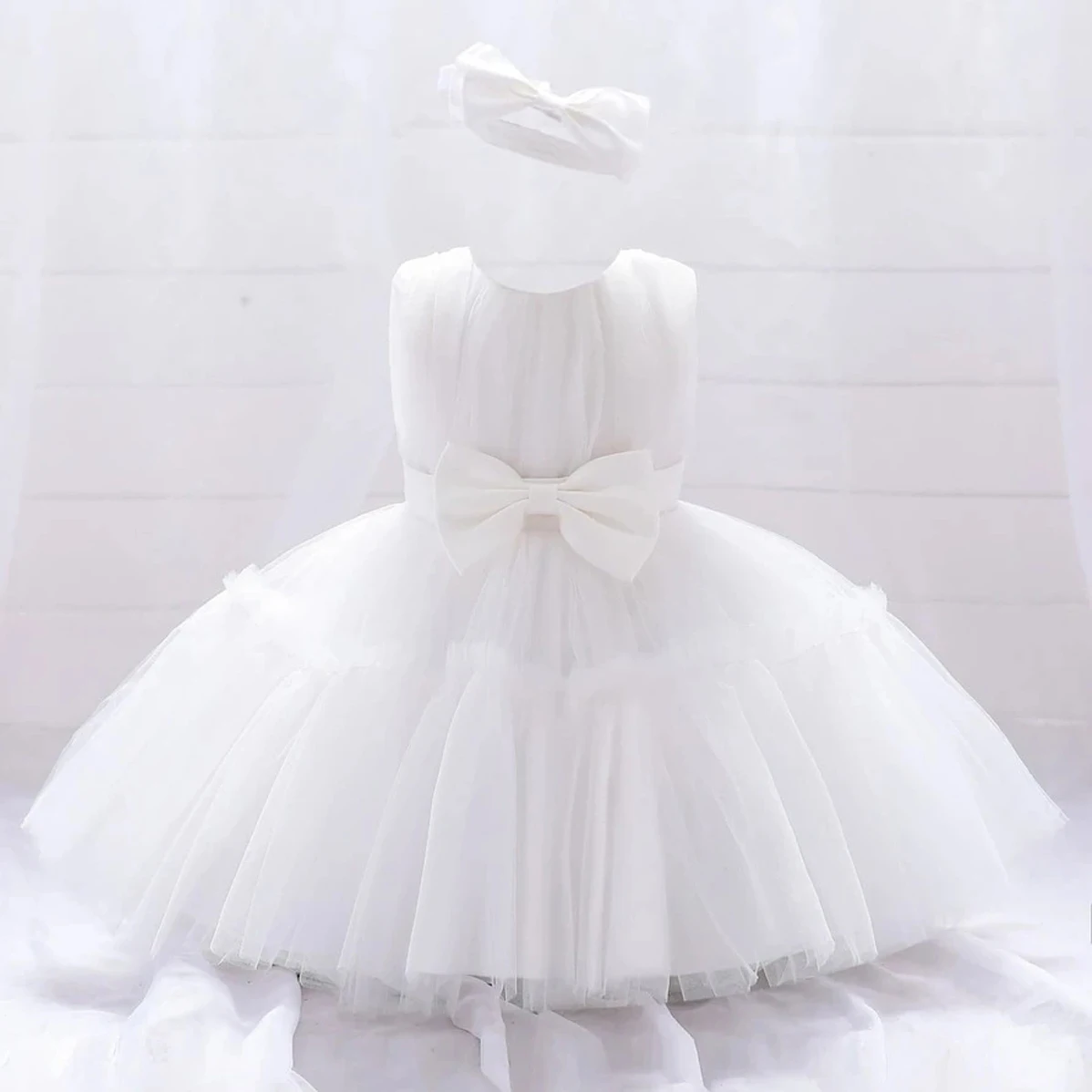 Toddler White Baby Girls Party Dresses Bow 1st Birthday Wedding Princess Dress for Girls Baptism Bridemaid Evening Gown Vestidos