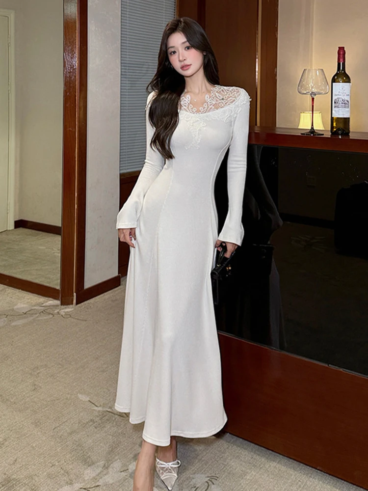 Dating Casual Women Knitted Flare Sleeve Bodycon Long Maxi Dress Lace V-Neck Slim Elegant Formal Party Evening Gown Robe Vestido