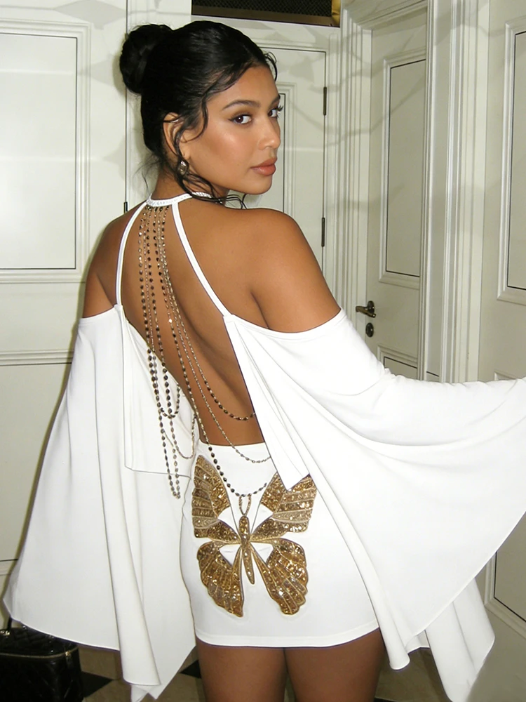 Weird Puss Butterfly Pattern Sequin Dress Woman Halter Off Shoulder Batwing Collar Metal Chain Backless Elegant Mini Bodycon