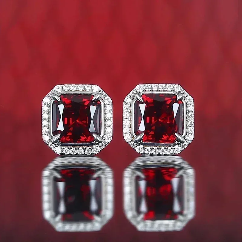 Shining and dazzling square geometric red cubic zirconia earrings for women, simple and elegant accessories for brides, wedding