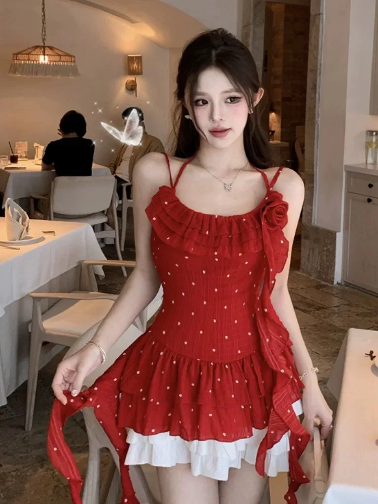 

Red Hot Girl Vacation Style Two-Piece Set Women's Summer Unique Beautiful Outfit Strap Top Cake Skirt Fashionable Ensemble