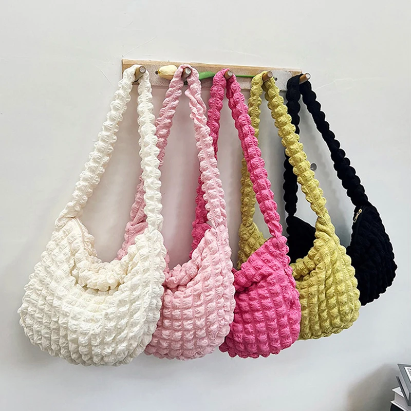 Large Capacity Shoulder Bag Embroidered Plaid Quilted Crossbody Bag Underarm Bag Tote Bag Pleated Bubbles Handbag