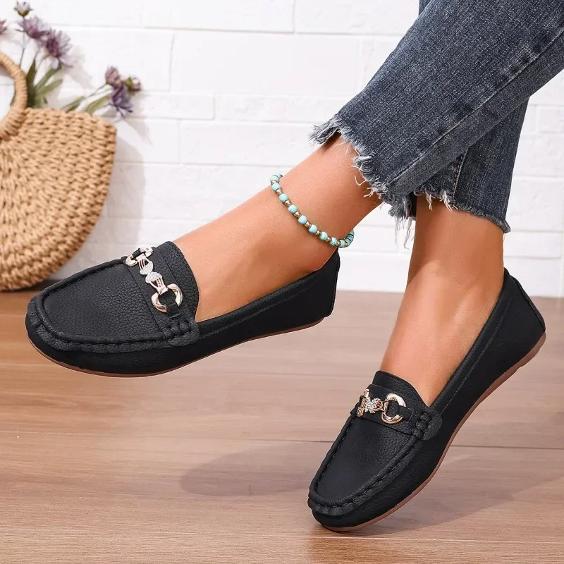 Women\'s Shoes 2024 New Basic Women\'s Flats Fashion Bean Flats Women Metal Decoration Round Toe Slip on Soft Bottom Shoes Female