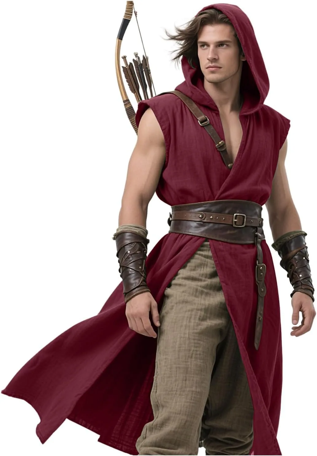 Men's Medieval Hooded Surcoat Renaissance Tabard Sleeveless Tunic Cloak Viking Costume Holloween Assassin Cosplay view 6