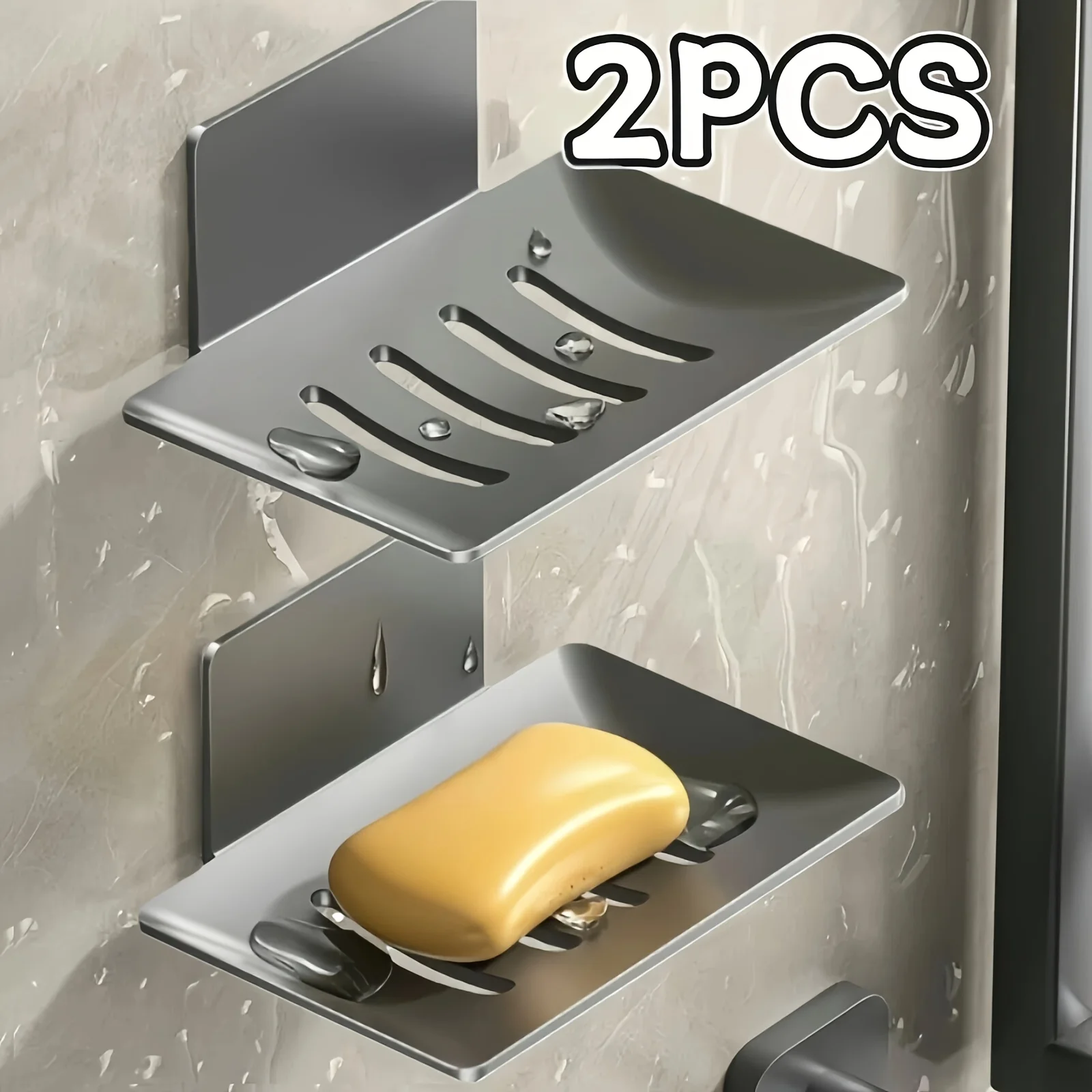 2-Pack - No-Drill Wall-Mounted Soap Holder, Draining Soap Rack, Carbon Steel Soap Storage Rack, Bathroom Soap Storage Box, Bathroom Accessories - with Nail-Free Adhesive and Auxiliary Stickers