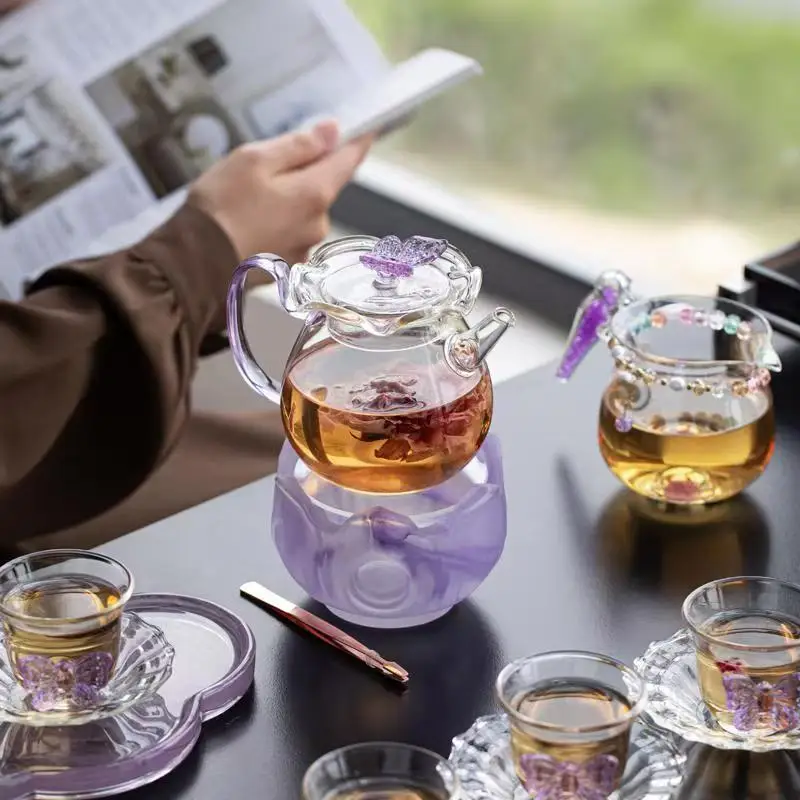 High Borosilicate Glass Purple Butterfly Teacup Ladies Exquisite Master Cup Afternoon Tea Coffee Cups One Person Drink Teaware