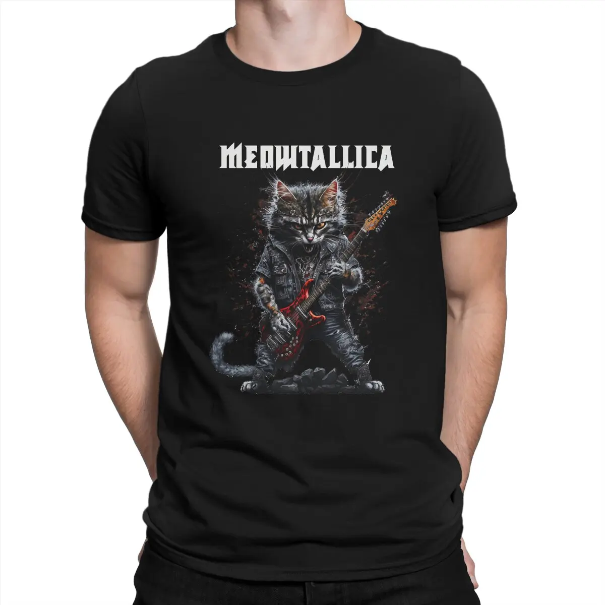 Meowtallica T-Shirt Men Heavy Mental Cat Meme Creative 100% Cotton Tee Shirt O Neck Short Sleeve T Shirts Original Clothing