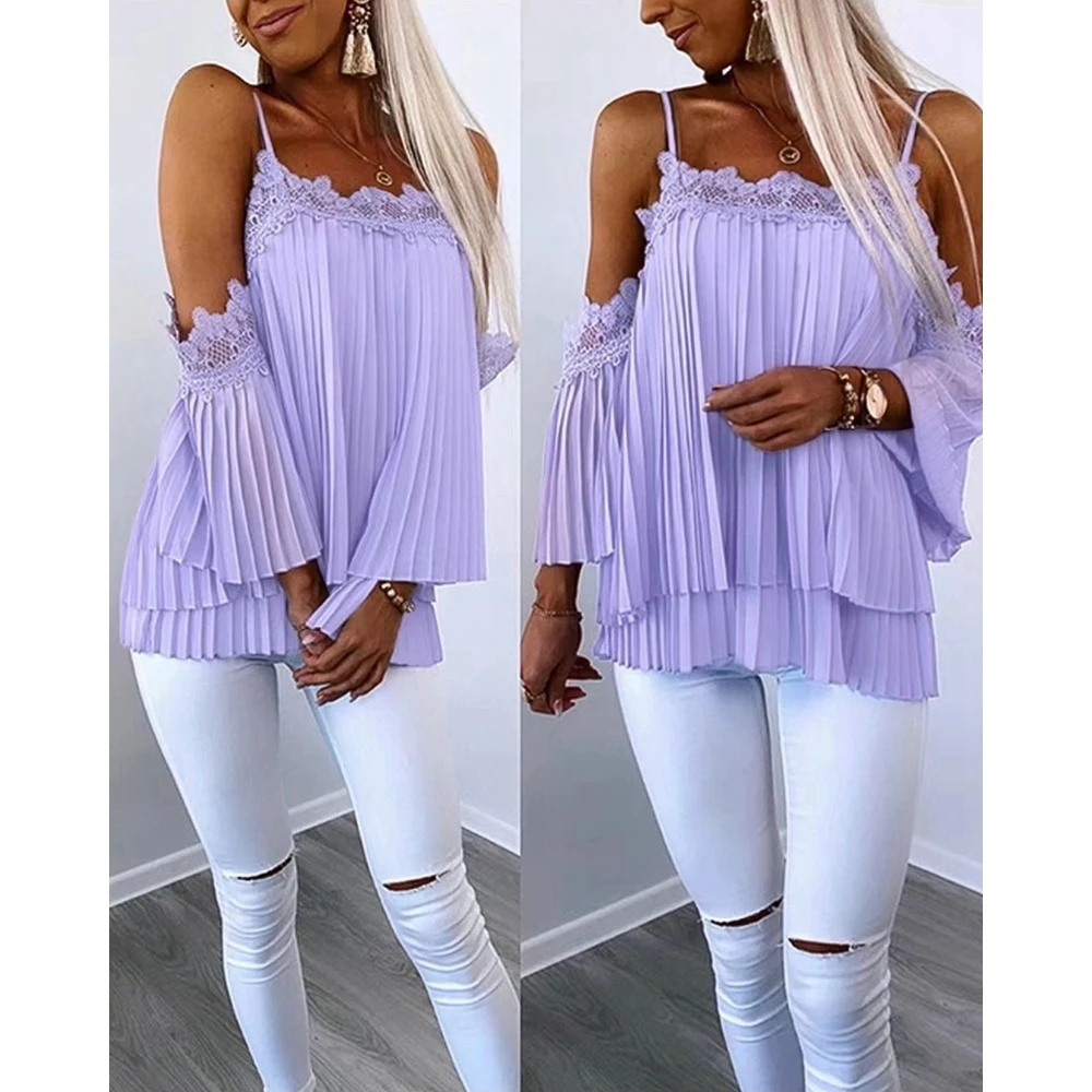 

Women Contrast Lace Ruched Cold Shoulder Chiffon Top Fashion Casual Spaghetti Strap Short Sleeve Blouse Sexy Elegant Summer Wear