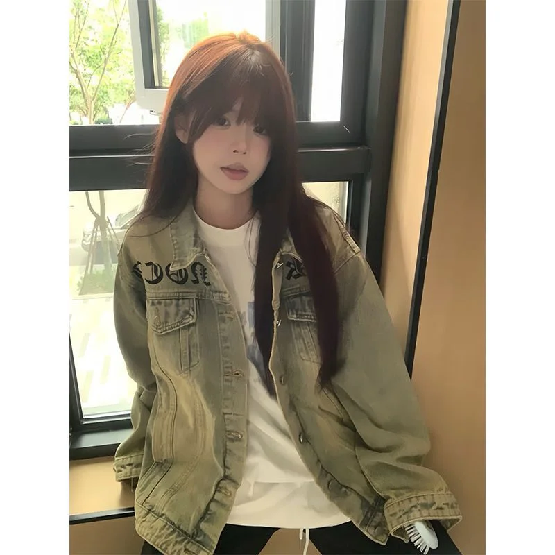 

Spring and Autumn New Yellow Mud Printed American Vintage Brand Cowboy Jacket Jacket, Women's College Style Cowboy Clothes