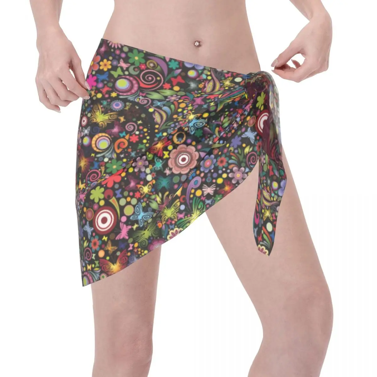 Benutzerdefinierte bunte mexikanische Stickerei Strand Bikini Wrap durchsichtig Bikini Strandkleid kurzen Rock Chiffon Schal Vertuschung für Frauen