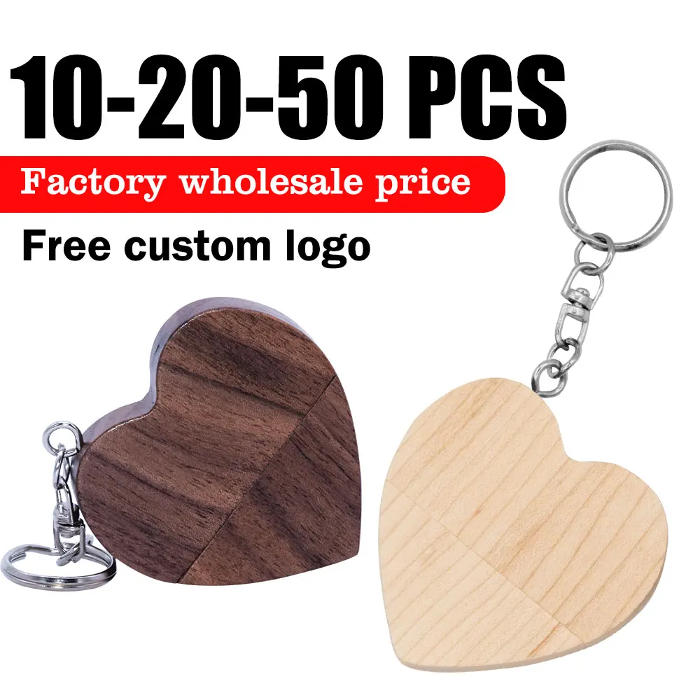 

10/20/50 PCS/LOT Wooden Heart Shape USB Flash Drive 128GB Walnut Wood Pen Drive with Keychain 64GB 8GB Wedding Gift Free Logo