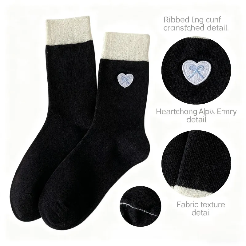 

Heart Bow Embroidered Socks Fashionable Crew Socks Women's Casual Socks for Daily Wear