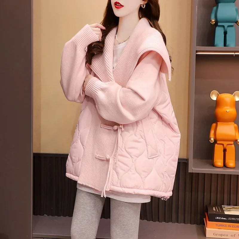 Cotton Coat for Women, Thick Jacket, Loose Parkas, Patchwork Sweater, Cardigan, Big Knitted Collar, Overcoat, Winter Outwear, Ne