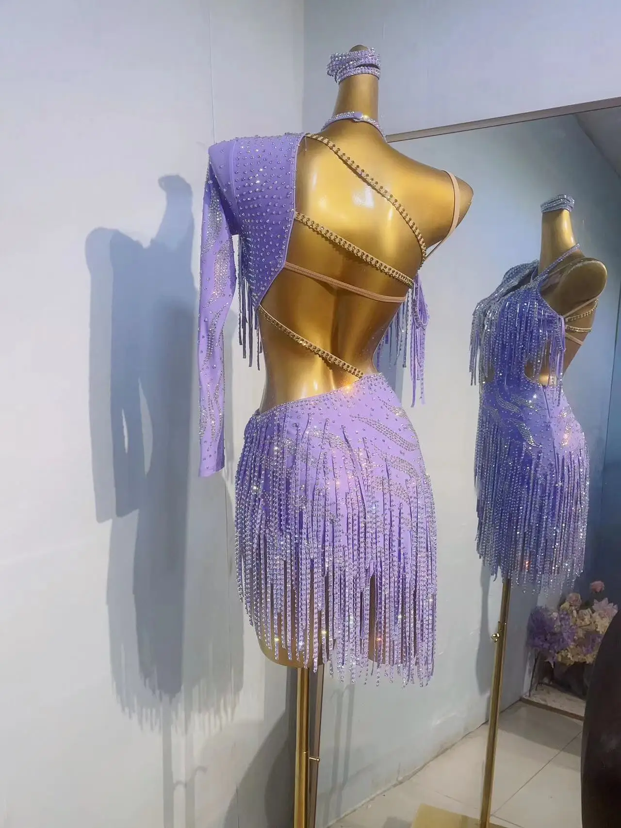 Traje de dança latina completo personalizado do pendão do diamante para mulheres, vestido sem encosto, vestidos luxuosos do desempenho, adultos e crianças, novos