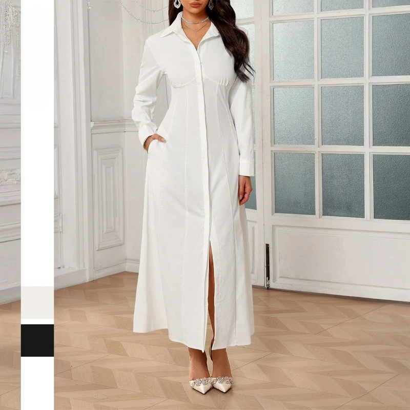 

White Dress Women Single Breasted Shirt Dresses Full Sleeve High Waist Casual Long Vestidos Pockets A Line Elegant Work Beach