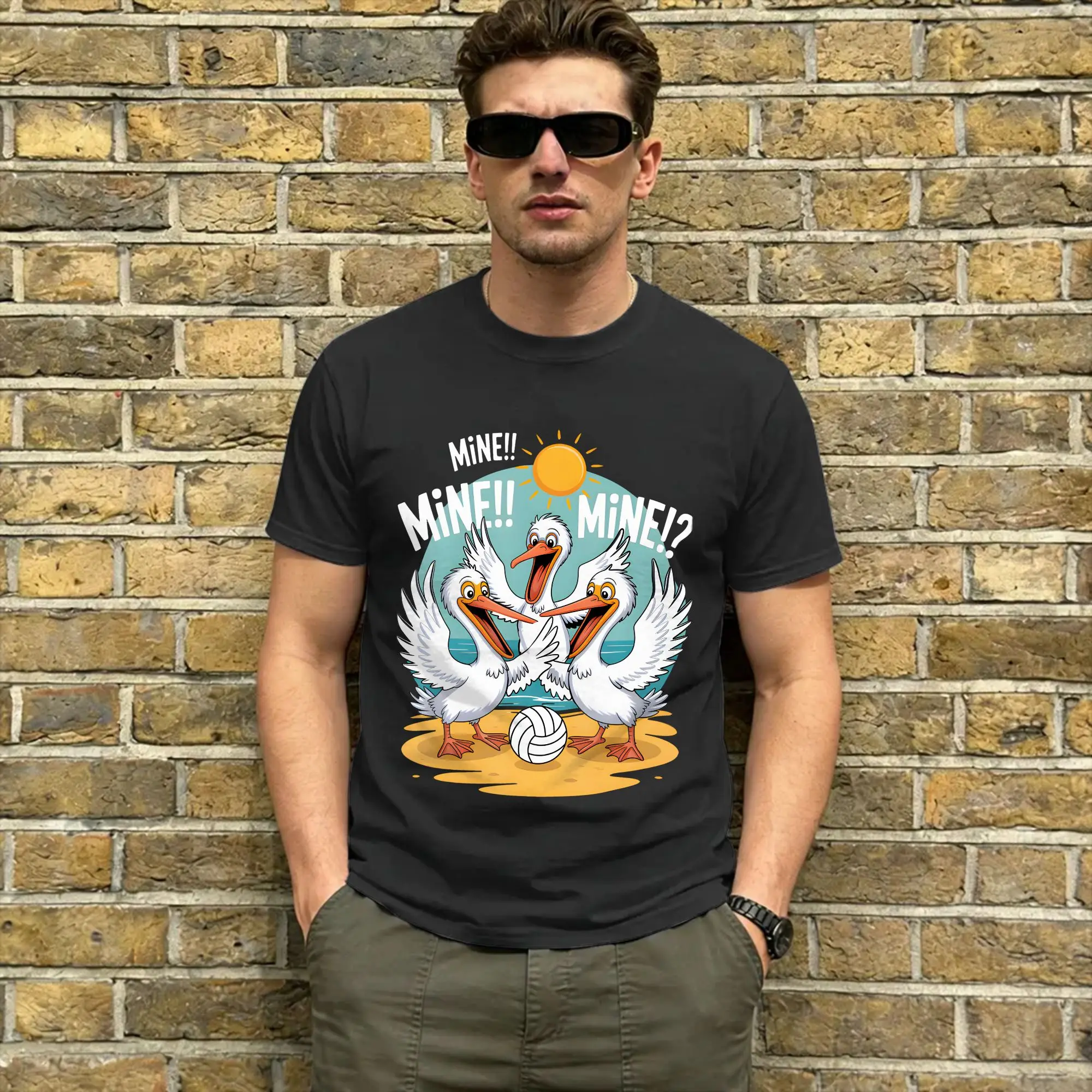 Men Funny Mine Seagull  T Shirt  Pure Cotton Tops Novelty Short Sleeve Round Collar Tees Plus Size T-Shirts