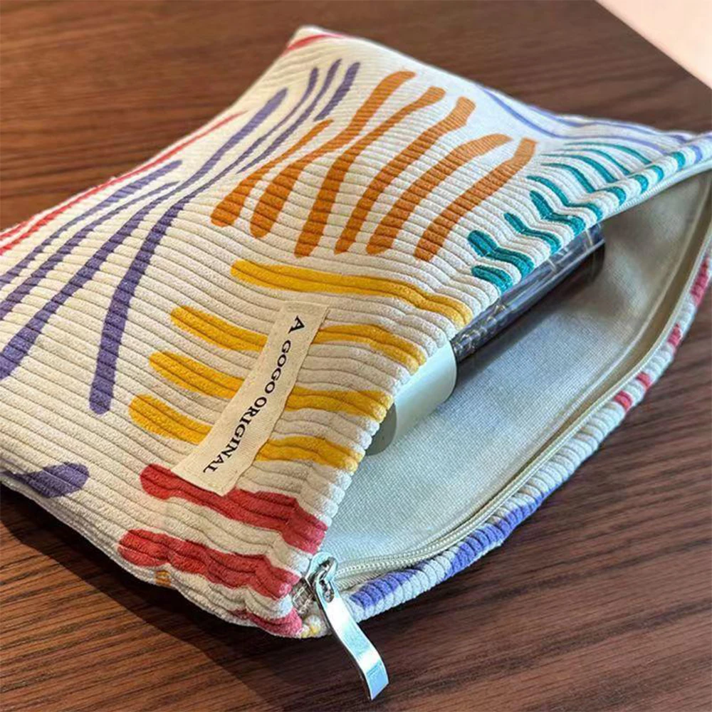 Colorful Stripes Corduroy Cosmetic Bag Portable Travel Toiletry Bag Skincare Sundries Aesthetic Makeup Storage Bag-ll