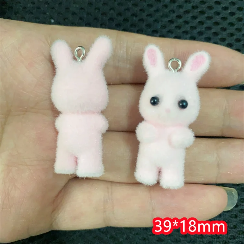 New arrived 30pcs/lot color flocking animals cartoon rabbits shape resin beads with hanger diy jewelry pendant accessory