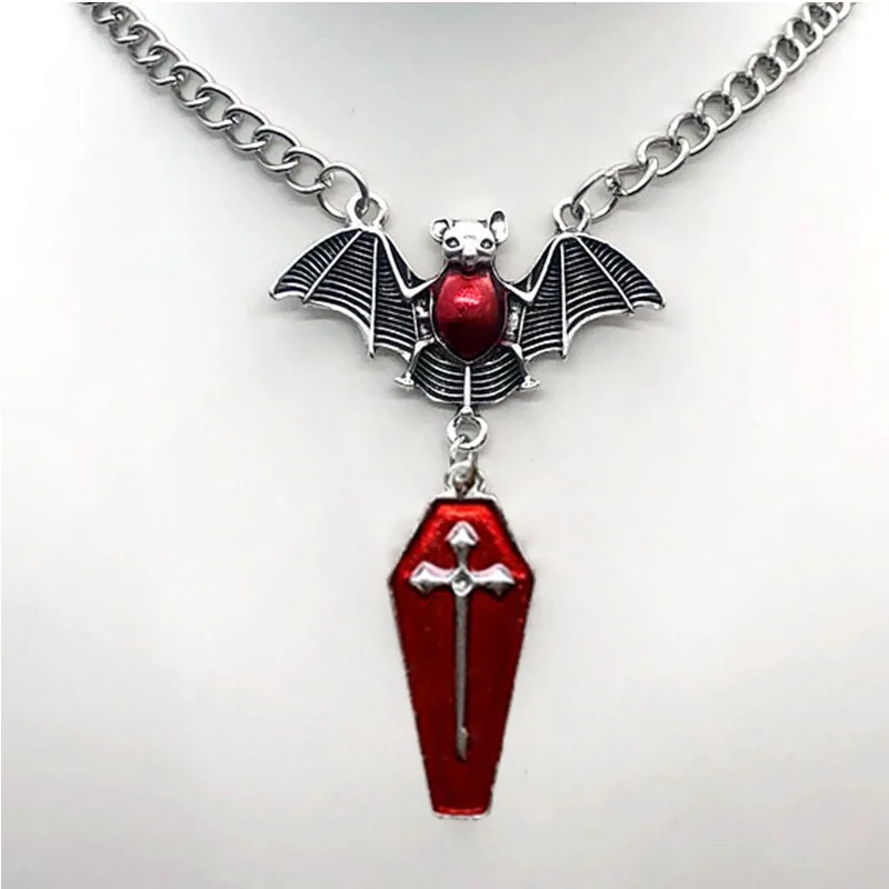 Gothic Hip Hop Jewelry Bat Cross Pendant Necklace Retro Red Coffin Neckchain Suitable for Women's and Girls' Parties