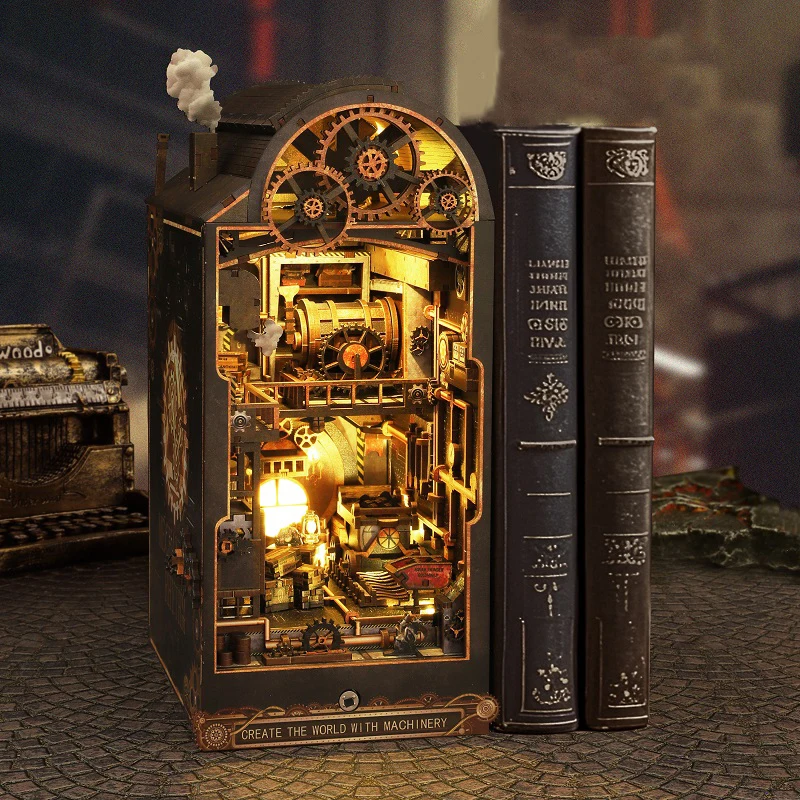 DIY książka kącik półka zestawy wkładek mechaniczny domek świetlny drewniany miniaturowy zestaw modeli do składania ręcznie robiony Bookend półka na książki prezenty dla przyjaciół