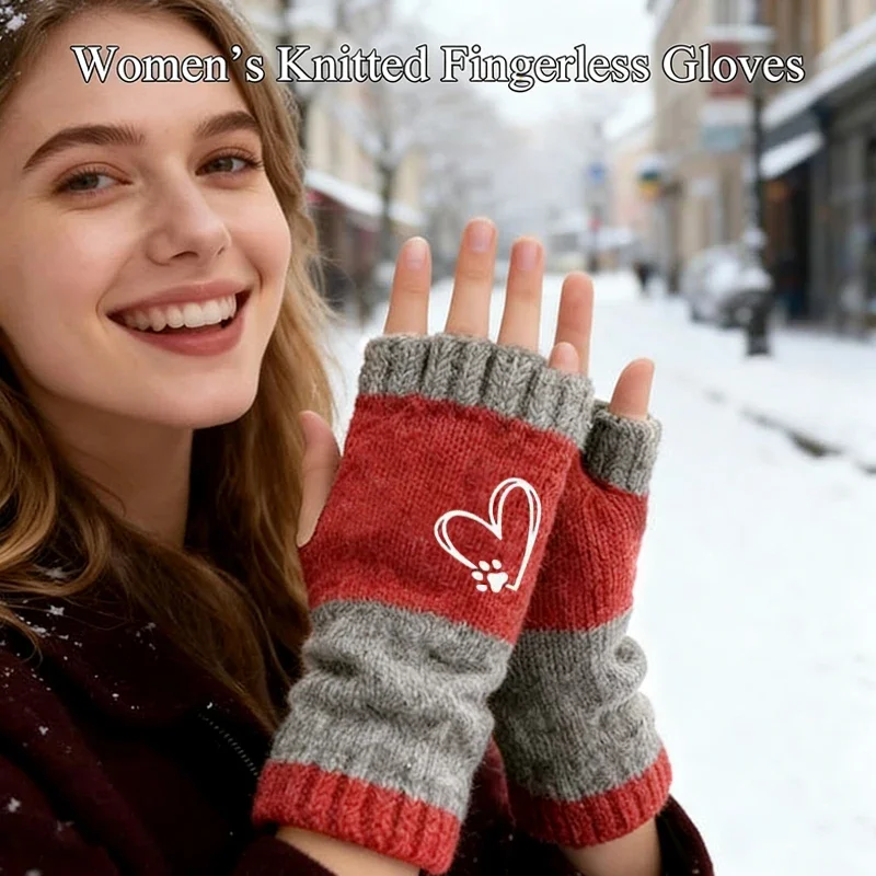 Winter Women's Fingerless Gloves Warmth Knitted Finger Gloves Heart Shaped Paw Print Knitted Gloves Outdoor Travel Finger