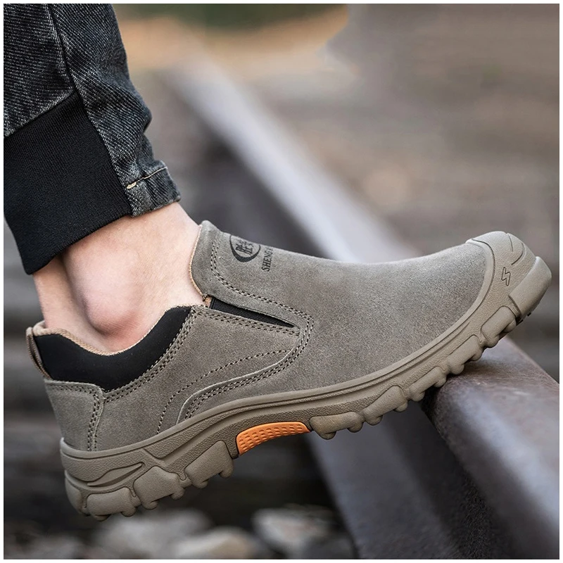 big size mens casual steel toe caps work safety shoes slip-on cow suede leather security boots worker welding footwear protect