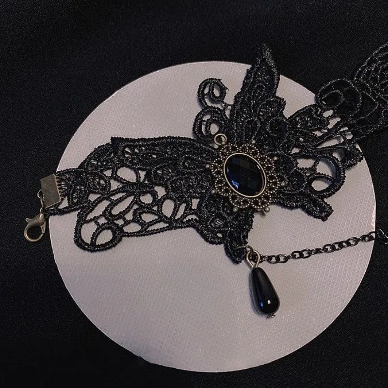 Original Lolita Gothic Accessories Bow Lace Necklace Ring Bracelet One Piece Women Dark Bracelet Vintage Sweet Y2k Accessory