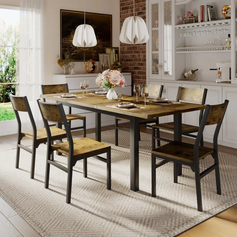 

7-Piece Dining Table Set,63-inch Extendable Kitchen Table with 6 Chairs,Dining Room Table Metal Frame,Small Space,Easy Assembly