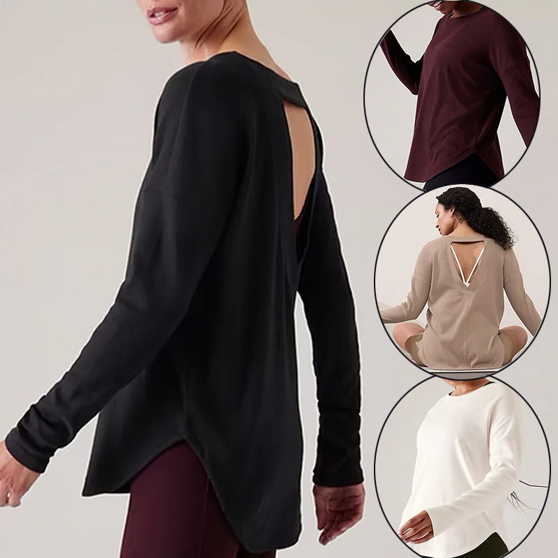 

Women Round Neck Yoga Tennis Tops Loose Long Sleeve Workout Pullover Sports Elastic Fitness T Shirt Solid Casual Blouse