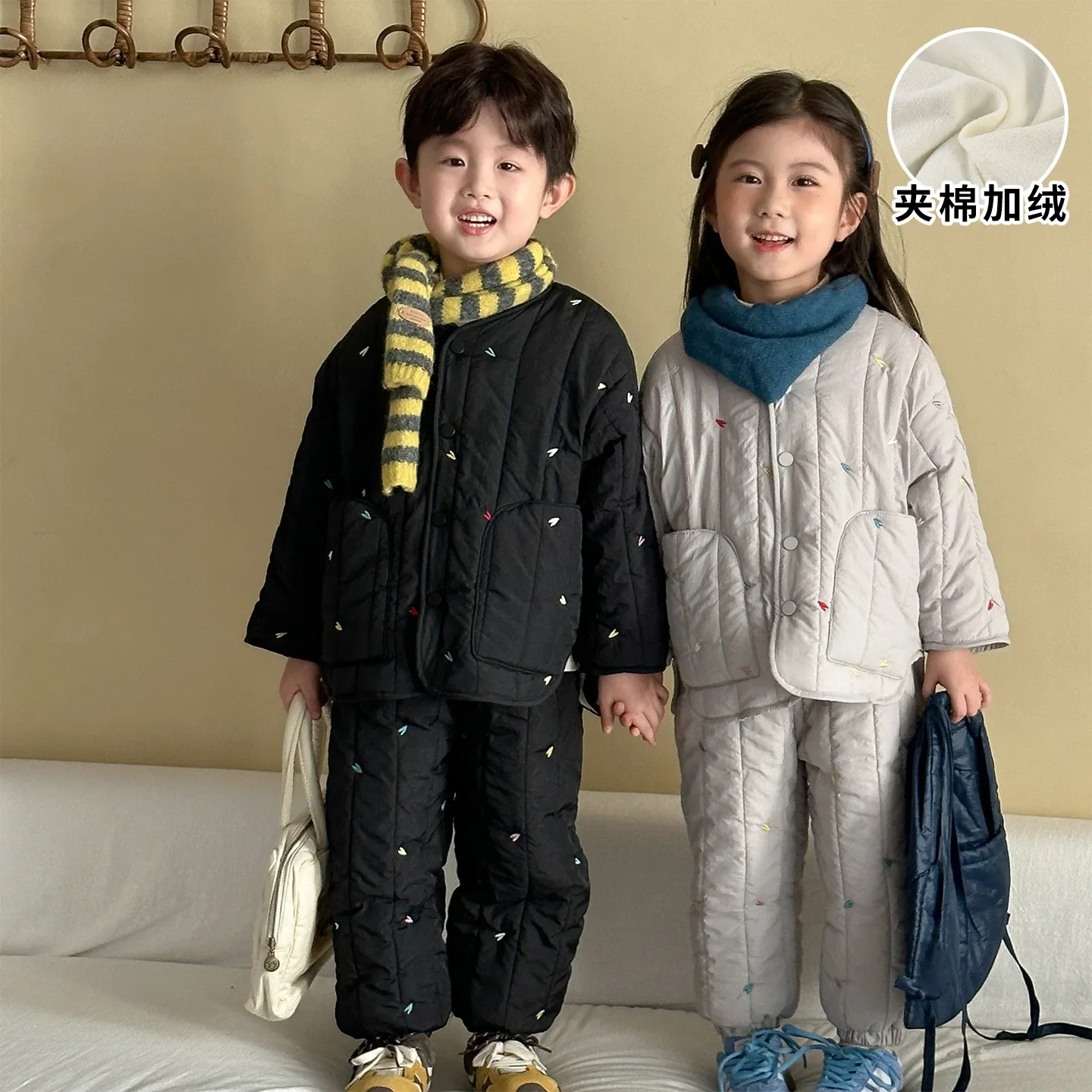 2026 New Embroidery Children's Sets Autumn Winter Warm Plush Lining Kids Hooded Jacket and Pants for Boys and Girls Sets