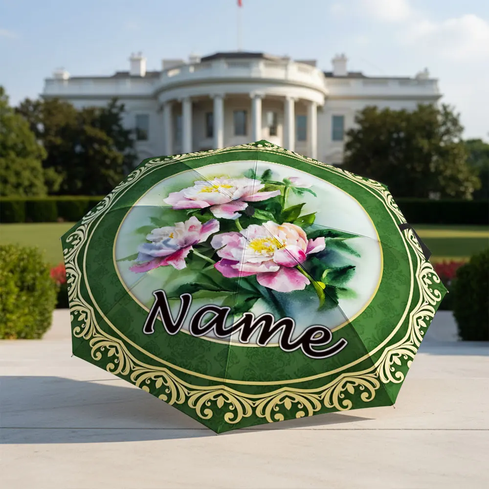 Custom Name Umbrella Watercolor Peony Flower Ornate Golden Frame Print Folding Umbrella Compact Portable Travel Parasol