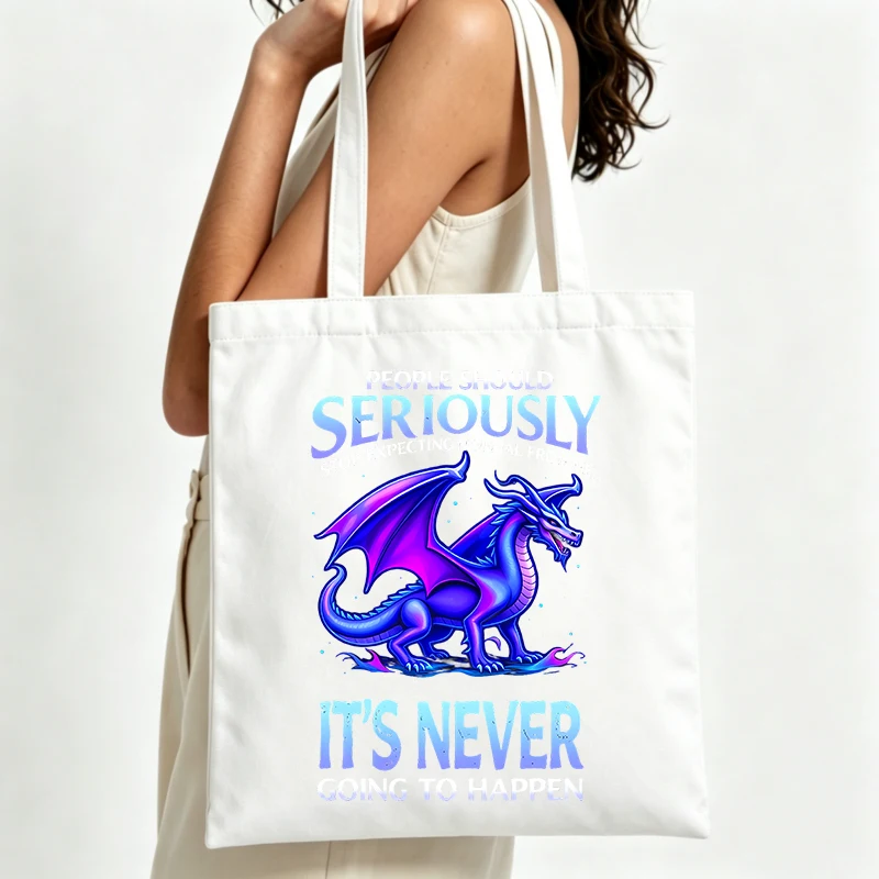 fantasy dragon graphic canvas tote bag with slogan print, ideal for casual daily use and weekend outings