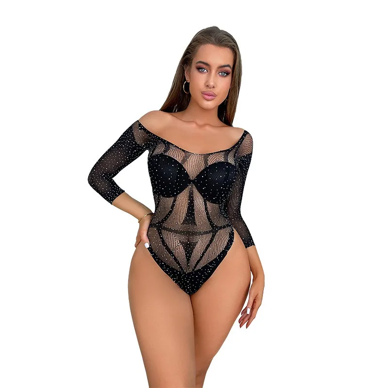 

New Women's Sexy Hot Diamond Mesh Bikini Long Sleeve Jacquard Sexy Hollow Perspective Sexy Large Jumpsuit