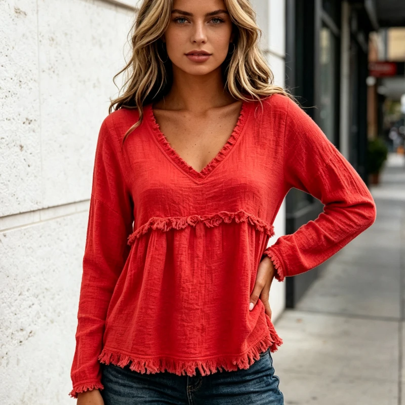2026 New Spring Autumn Women Solid V‑Neck Frayed Blouse Boho Casual Loose Babydoll Hem Long Sleeve Pockets Office Daily Shirts