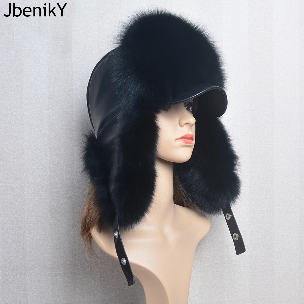 

Genuine Silver Fox Fur Hat with Ear Flaps Real Natural Fur Caps for Russian Women Bomber Hats Trapper Cap with Real Leather Top