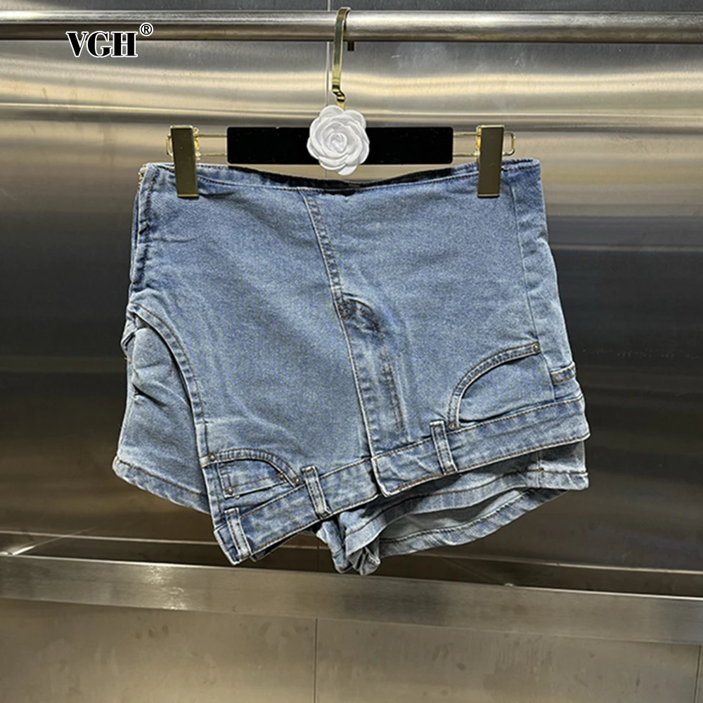 VGH Irregular Patchowork Denim Skirt Shorts for Women High Waist Patchwork Metal Buckle Sexy Slimming Toursers Female Summer New