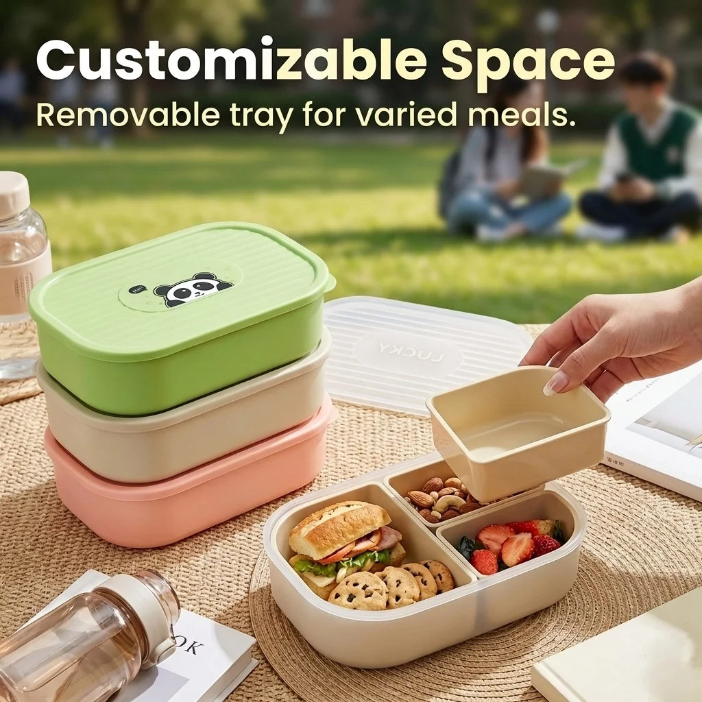 Portable Divided Plastic Lunch Container For Kids Student Removable 3 Grids Bento Lunch Box For School Picnic Microwave Safe view 4