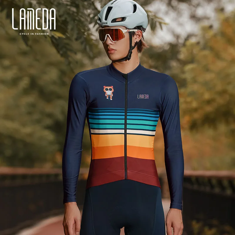 Lameda Waterproof Cycling Clothing Men Fleece Long Sleeve Suit For Autumn Winter Warm Cat Pattern Cycling Suit For Men