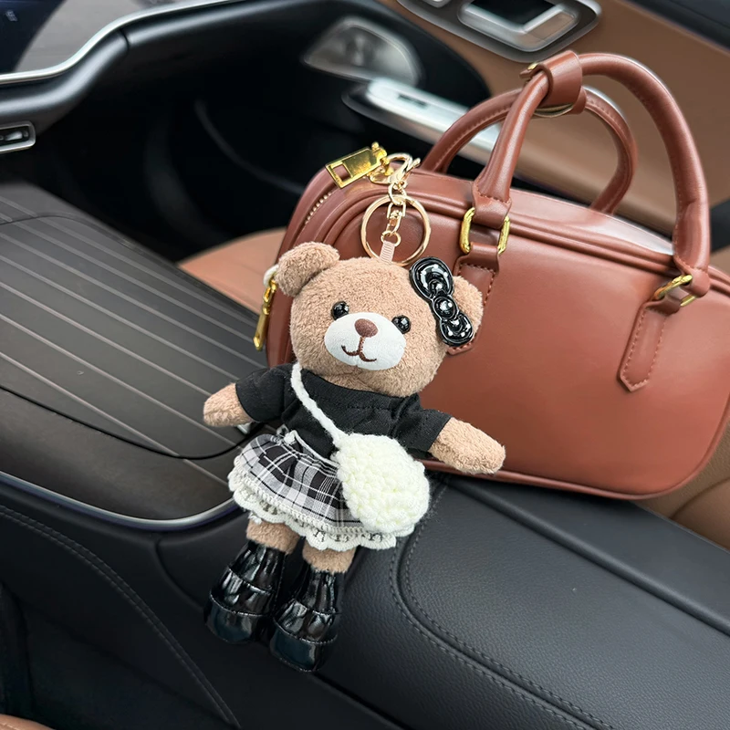 Cute Plaid Dress Bear Keychain Creative Fluffy Crossbody Bag Bear Bag Accessory Personalized Car Keychain